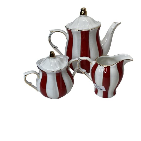 Grace Teaware Red & White Striped Porcelain Tea Set Gold Trim Christmas Decor - Picture 4 of 9